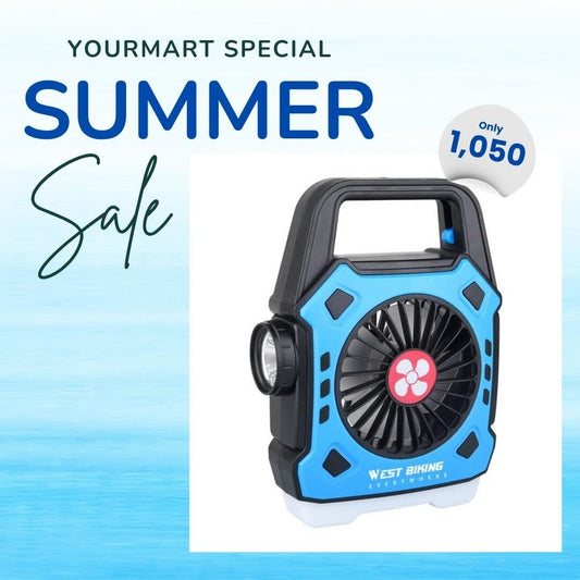 Multipurpose Rechargeable Desk & Camping Fan with LED Light, Flashlight & Power Bank – For Home, Travel & Outdoor Use | Random Color