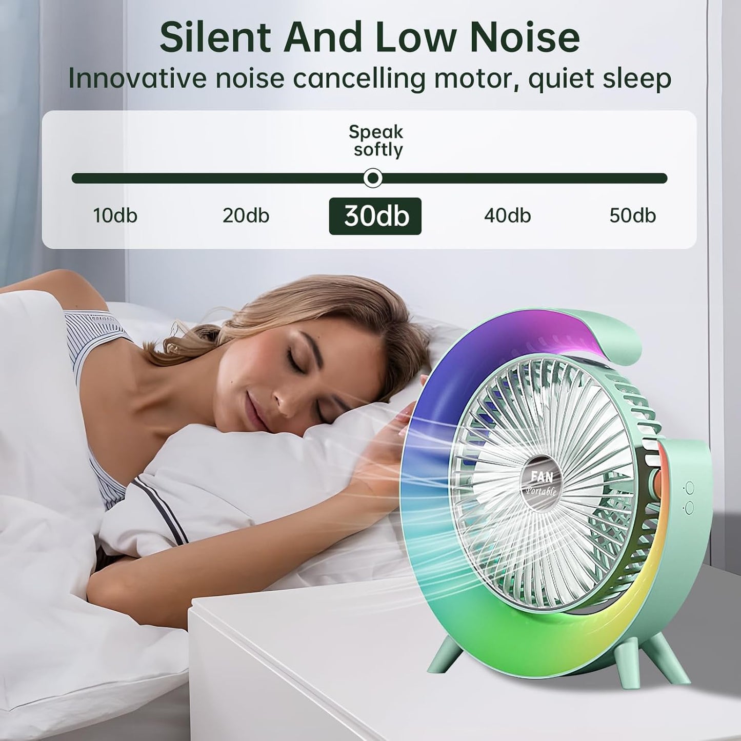 Colorful Desktop Fan | USB Rechargeable, Silent, 3-Speed with LED Ambient Light