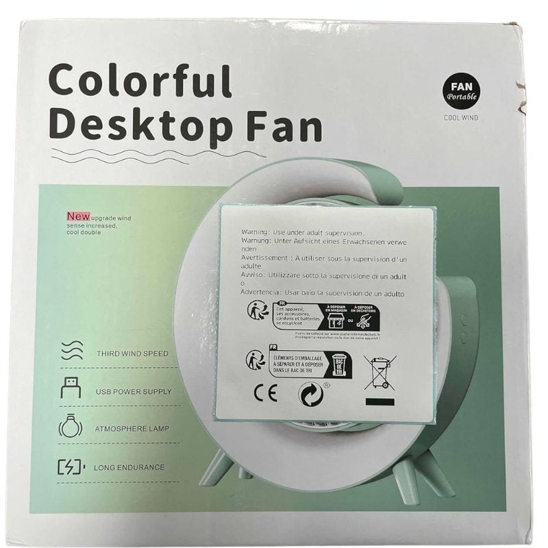 Colorful Desktop Fan | USB Rechargeable, Silent, 3-Speed with LED Ambient Light
