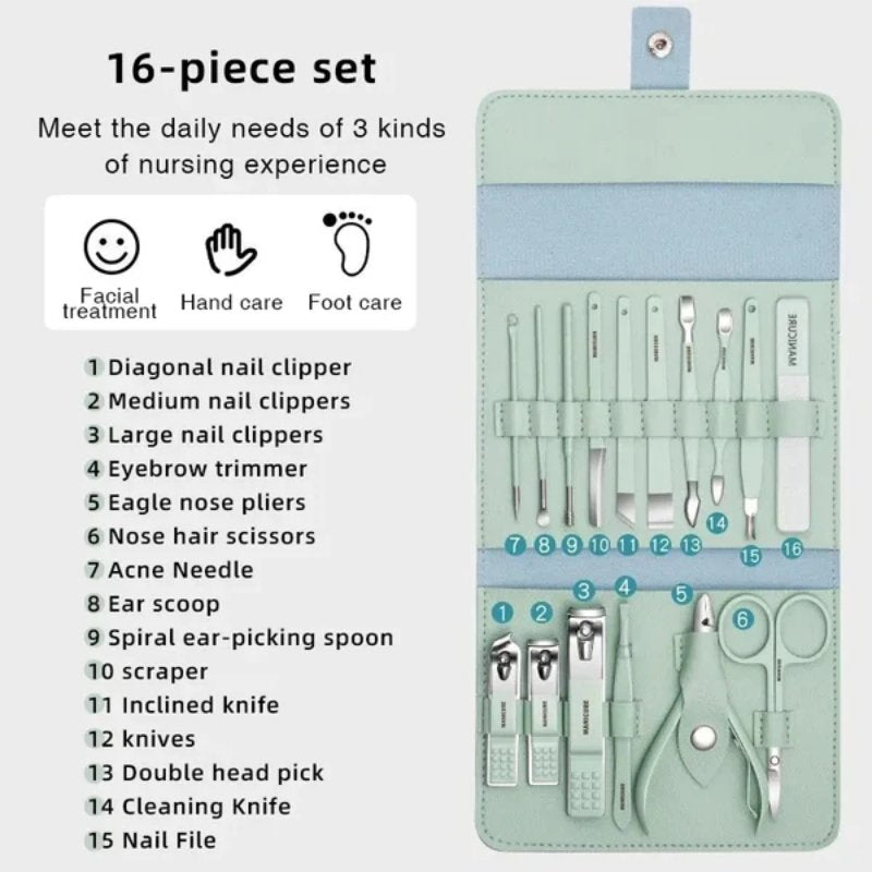 16 Pcs Stainless Steel Color-Coated Manicure and Pedicure Set with Leather Case for Travel and Home Use | Random Color